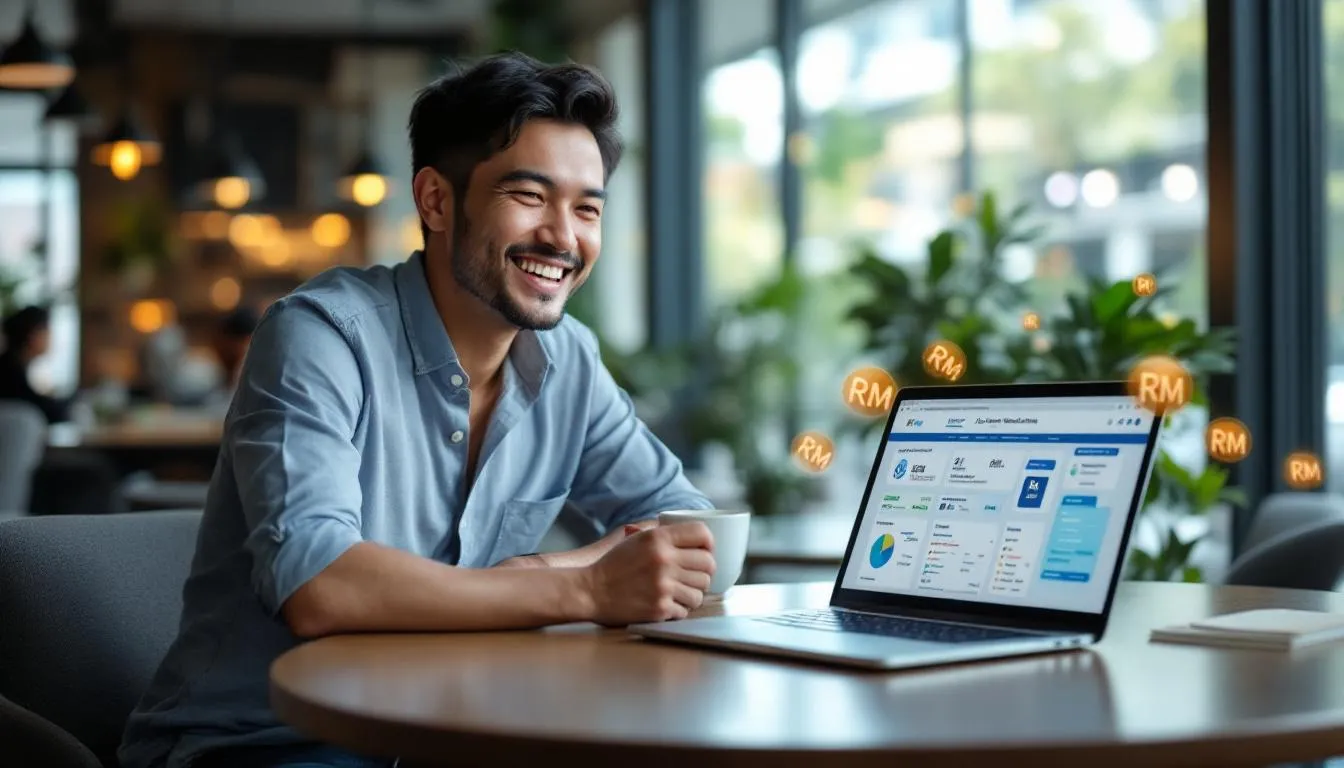 A Malaysian SME owner smiling while having tea at a modern cafe in Bangsar, with a laptop showing a simplified AI automati...