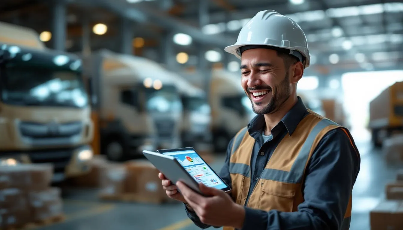 A busy Malaysian warehouse manager in Klang looking relieved while showing a tablet with an automated workflow dashboard, ...