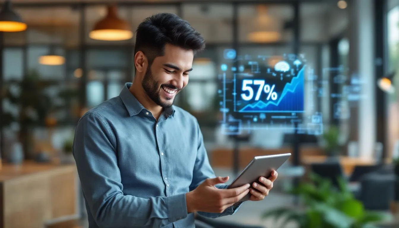 A Malaysian business owner in a modern Kuala Lumpur office, smiling while looking at a tablet showing a 57% growth chart, ...