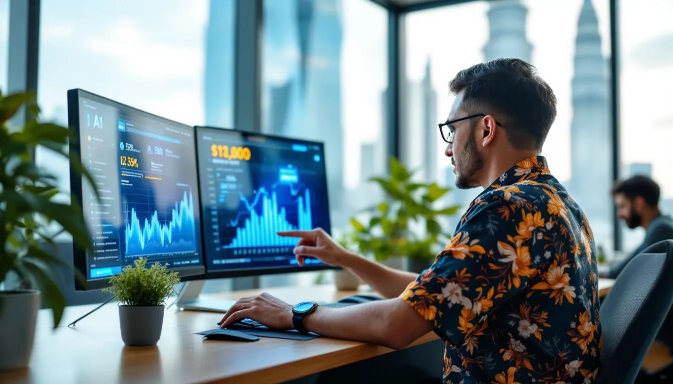 Seorang usahawan Bumiputera lelaki memakai kemeja batik moden sedang melihat papan pemuka AI yang memaparkan data jualan d...