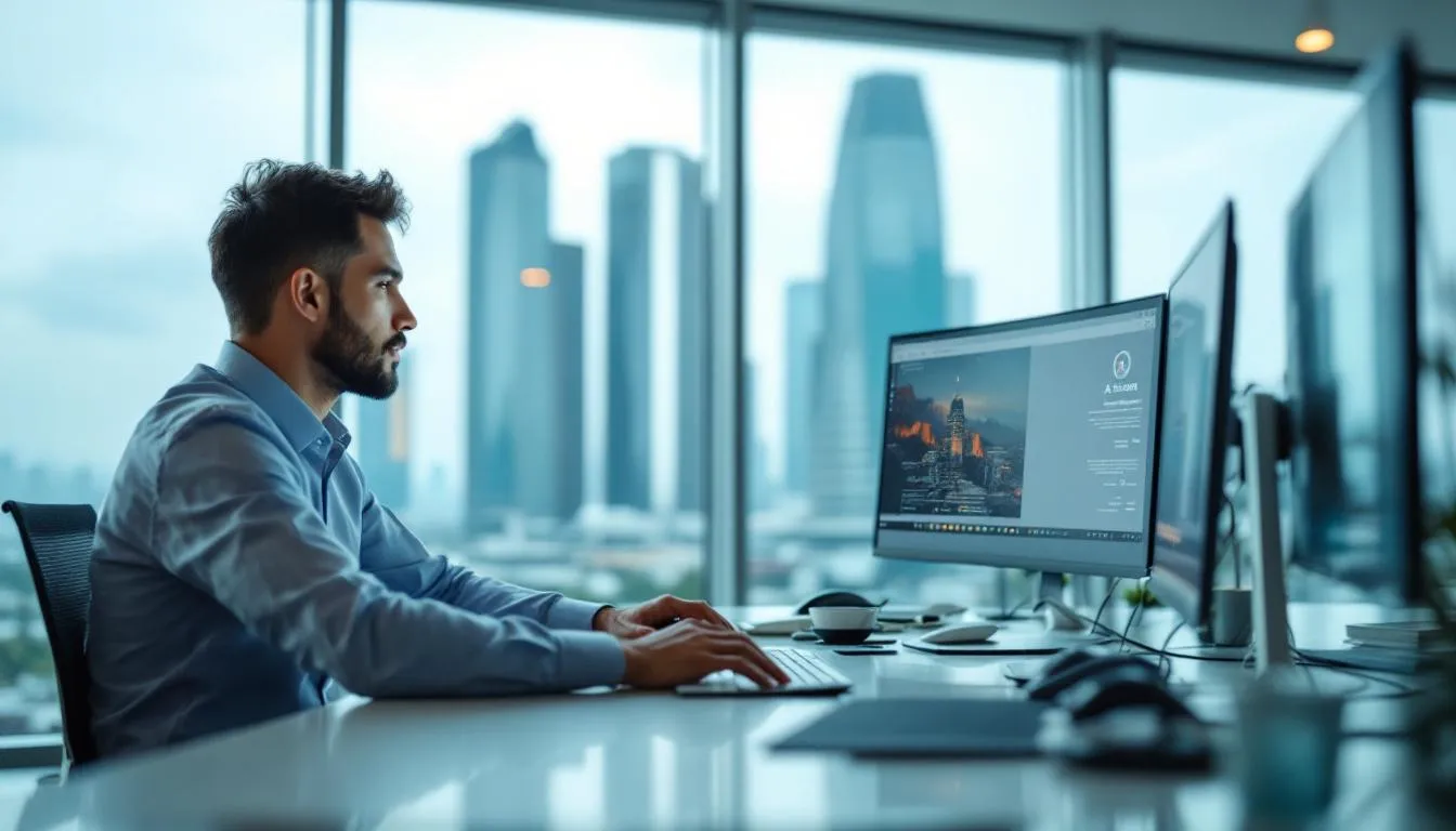 Seorang usahawan Malaysia di pejabat moden Kuala Lumpur sedang melihat papan pemuka AI yang menunjukkan amaran keselamatan...