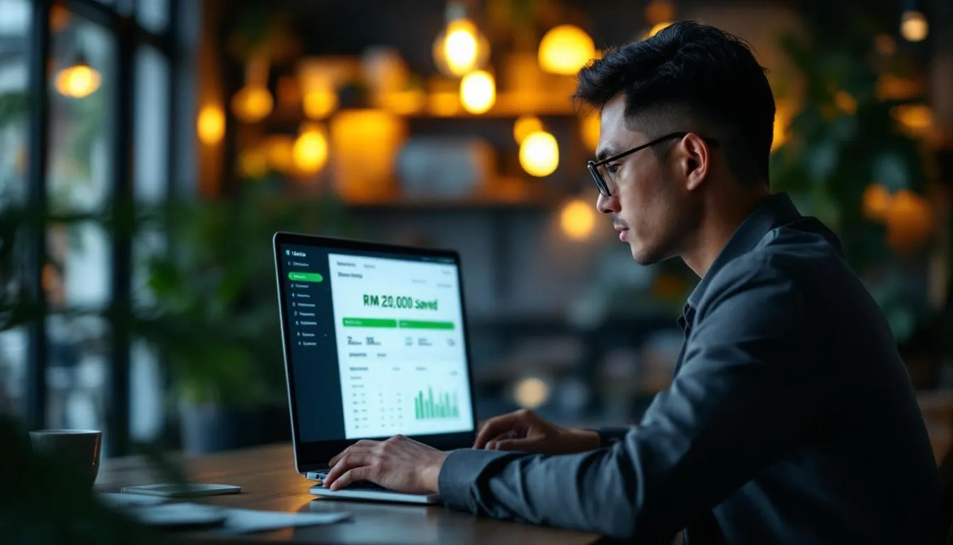 A Malaysian business owner in a modern Bangsar cafe office, looking at a laptop screen showing a dashboard with 'RM 12,000...