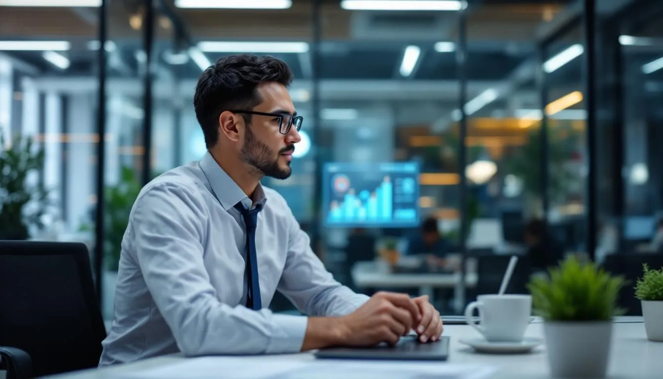 A Malaysian business owner in a modern Kuala Lumpur office looking at a digital dashboard that shows a 'Digital Fence' pro...
