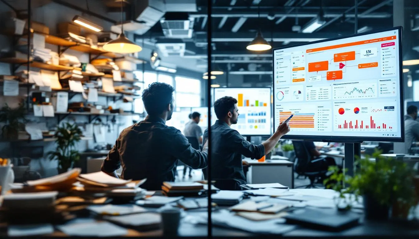 A busy Malaysian logistics office in Port Klang, showing a split screen: one side with messy paperwork and stressed staff,...