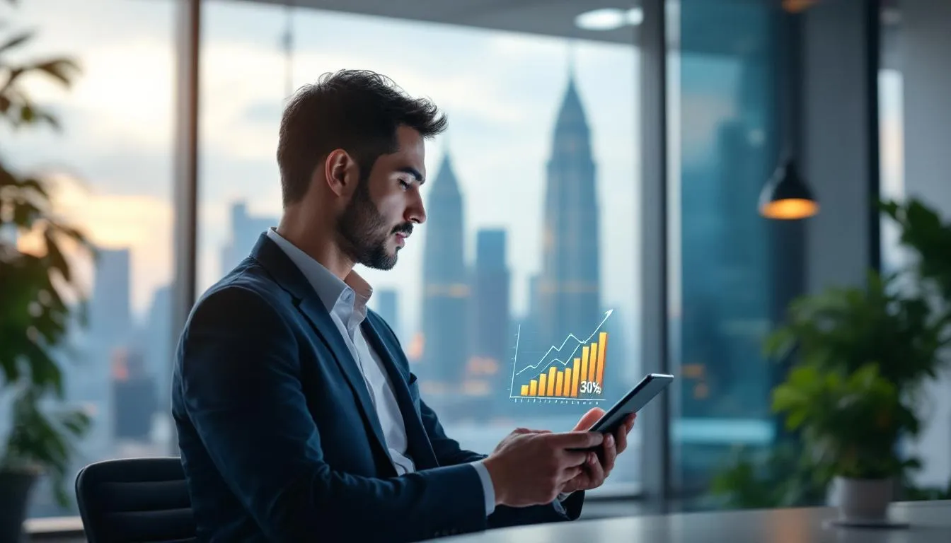A Malaysian business owner in a modern office in Kuala Lumpur, looking at a digital tablet showing a 30% efficiency growth...