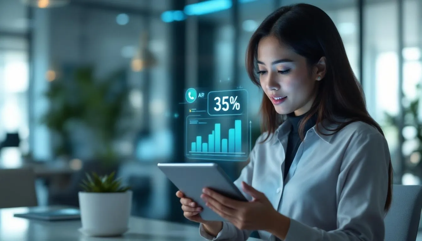 A clean, modern office in Mid Valley Kuala Lumpur where a Malay business woman is looking at a tablet showing a 35% growth...