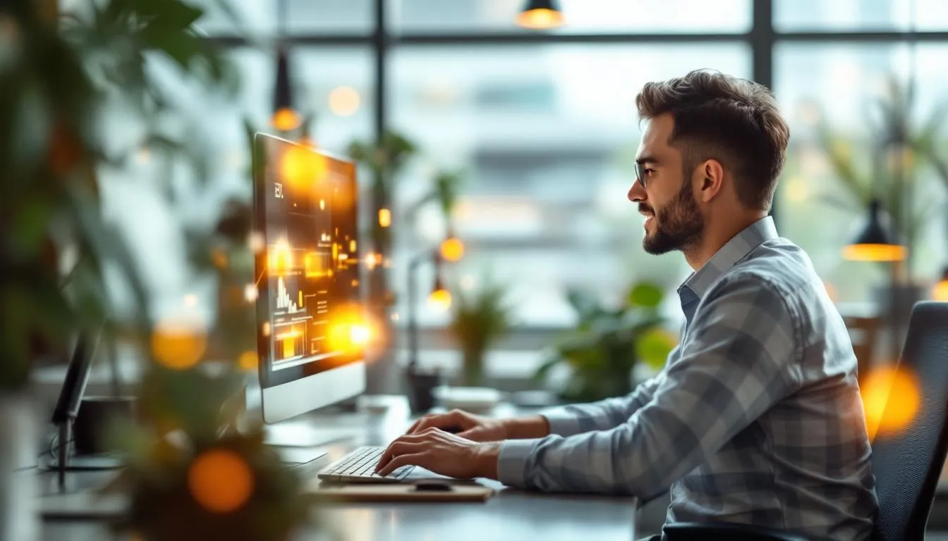 Seorang usahawan Malaysia yang tersenyum di pejabat moden Kuala Lumpur, latar belakang menunjukkan papan pemuka data AI ya...