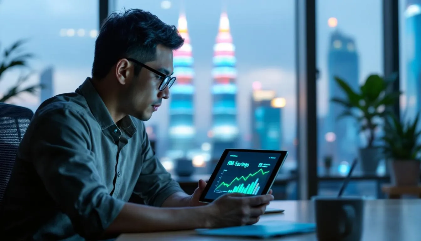 A Malaysian business owner in a modern Kuala Lumpur office, looking at a digital dashboard on a tablet that shows 'RM Savi...