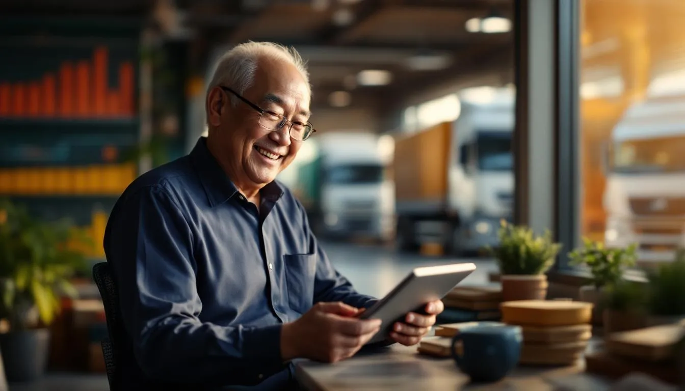 A medium-sized logistics office in Klang, Malaysia. An older Chinese business owner (Uncle Lim) smiling at a tablet showin...