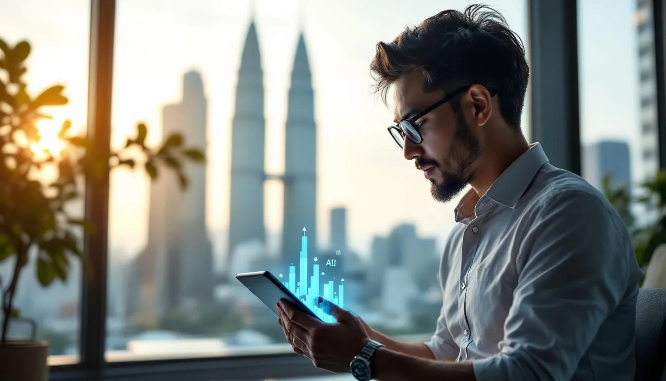 A Malaysian entrepreneur in a modern Kuala Lumpur office, looking at a tablet showing a 3D growth chart and AI icons, Petr...