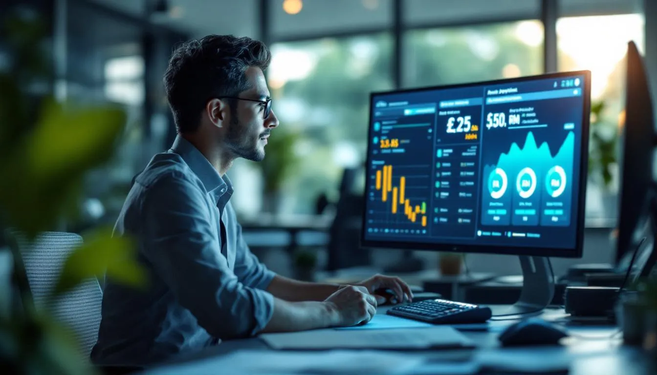 A Malaysian entrepreneur in a modern office in Cyberjaya, looking at a digital dashboard showing grant approval progress, ...