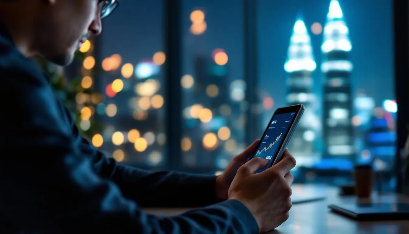 A Malaysian entrepreneur in a modern office in KL, looking at a tablet showing a WhatsApp AI dashboard with Ringgit Malays...