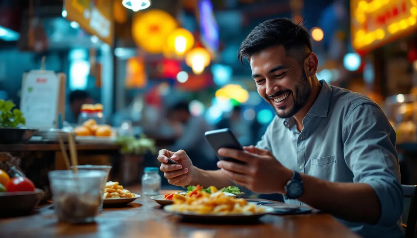 A busy Malaysian business owner enjoying a meal at a vibrant mamak stall at night, smiling at his phone which shows an aut...