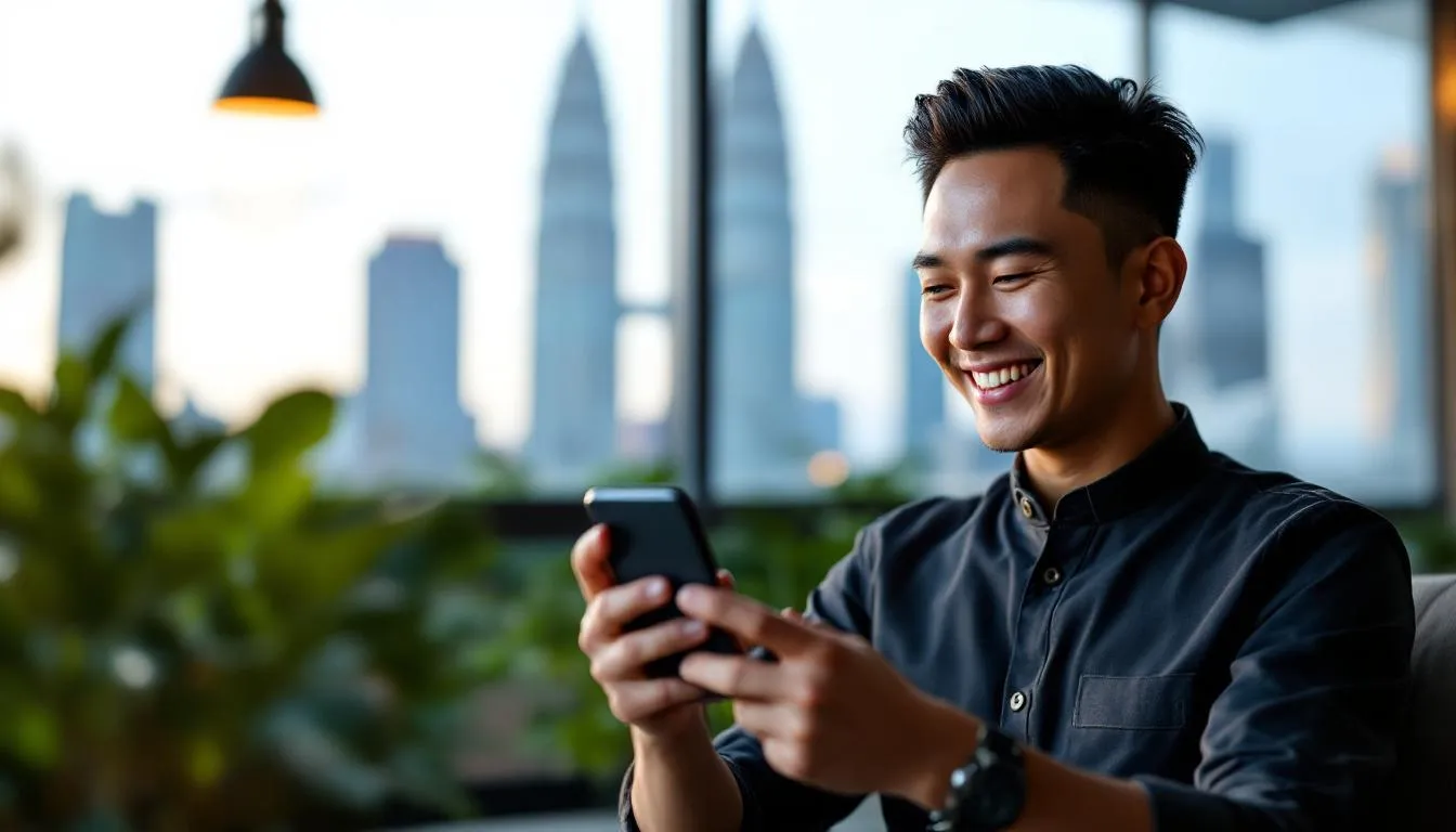 A Malaysian entrepreneur in a modern Baju Melayu, smiling while looking at a smartphone displaying a sophisticated AI dash...