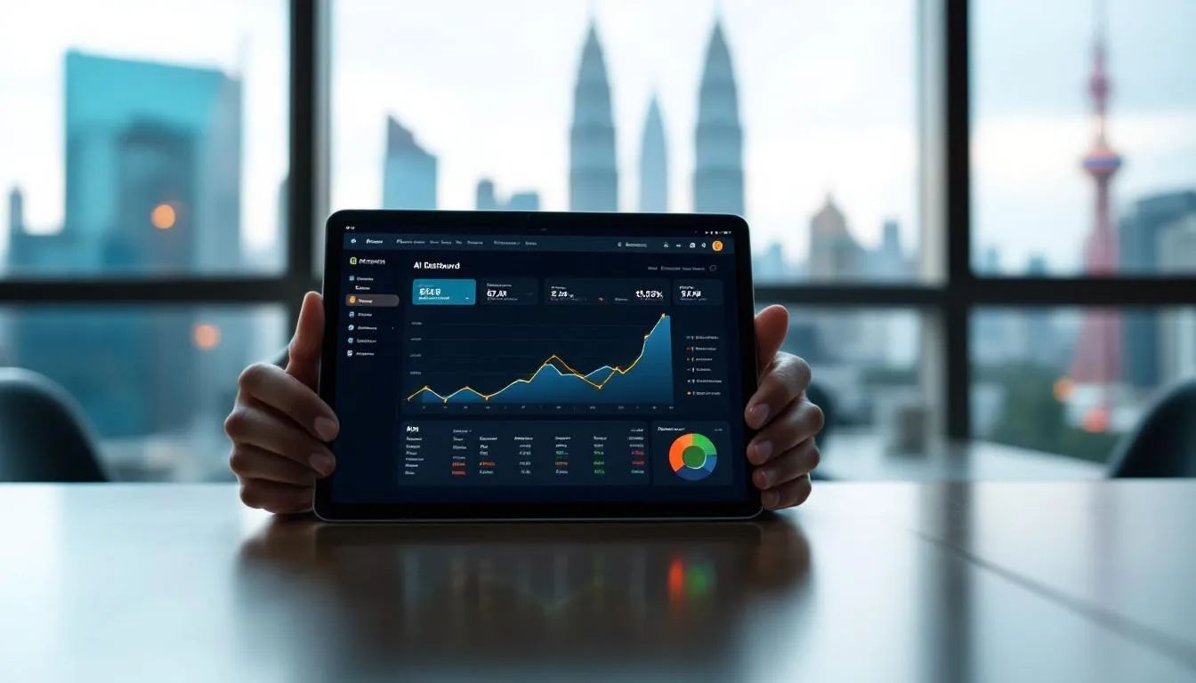 A Malaysian entrepreneur in a modern office in Kuala Lumpur, looking at a tablet showing an AI dashboard with Ringgit Mala...