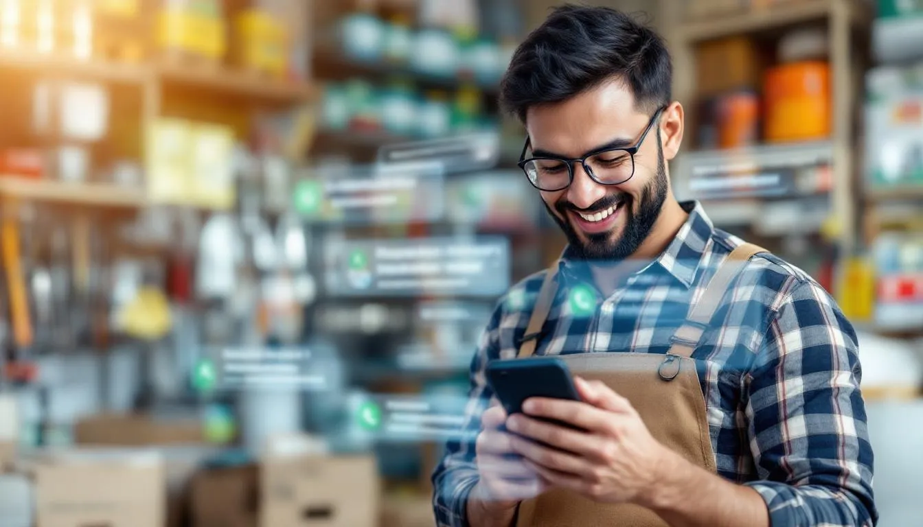 A busy Malaysian hardware store owner in Puchong smiling while looking at his smartphone, with a transparent digital overl...