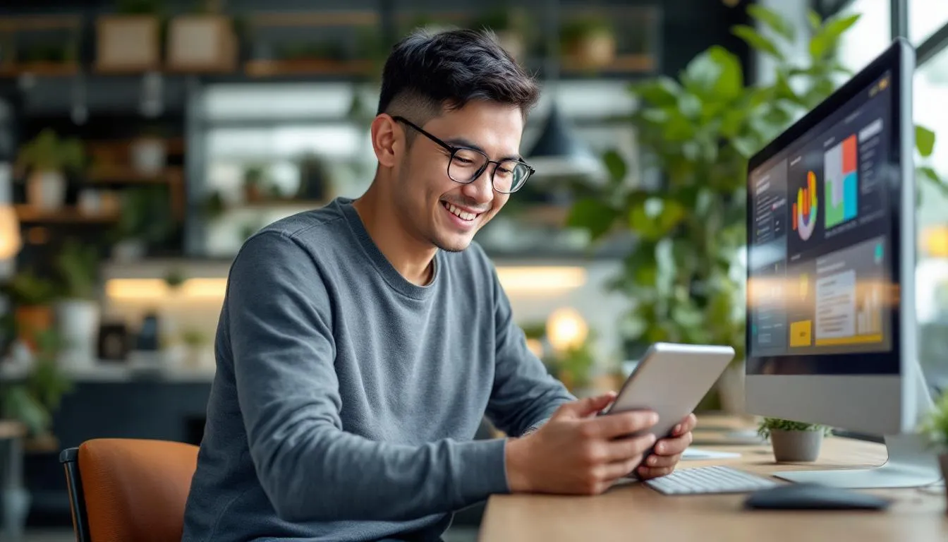 Seorang usahawan Malaysia yang tersenyum di kedai perkakasan moden, memegang tablet yang memaparkan dashboard AI dengan lo...